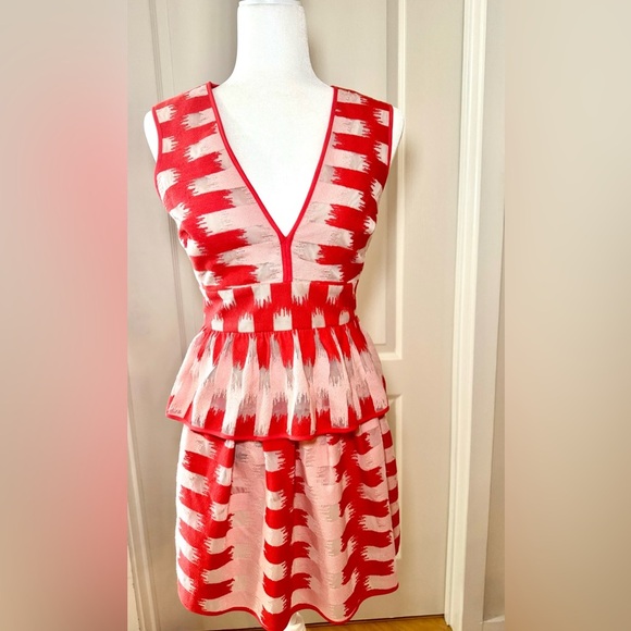 BCBG MaxAzria Emalyn Peplum Mini Dress, Red (Poppy) and Pink, Size 2 - Picture 2 of 5